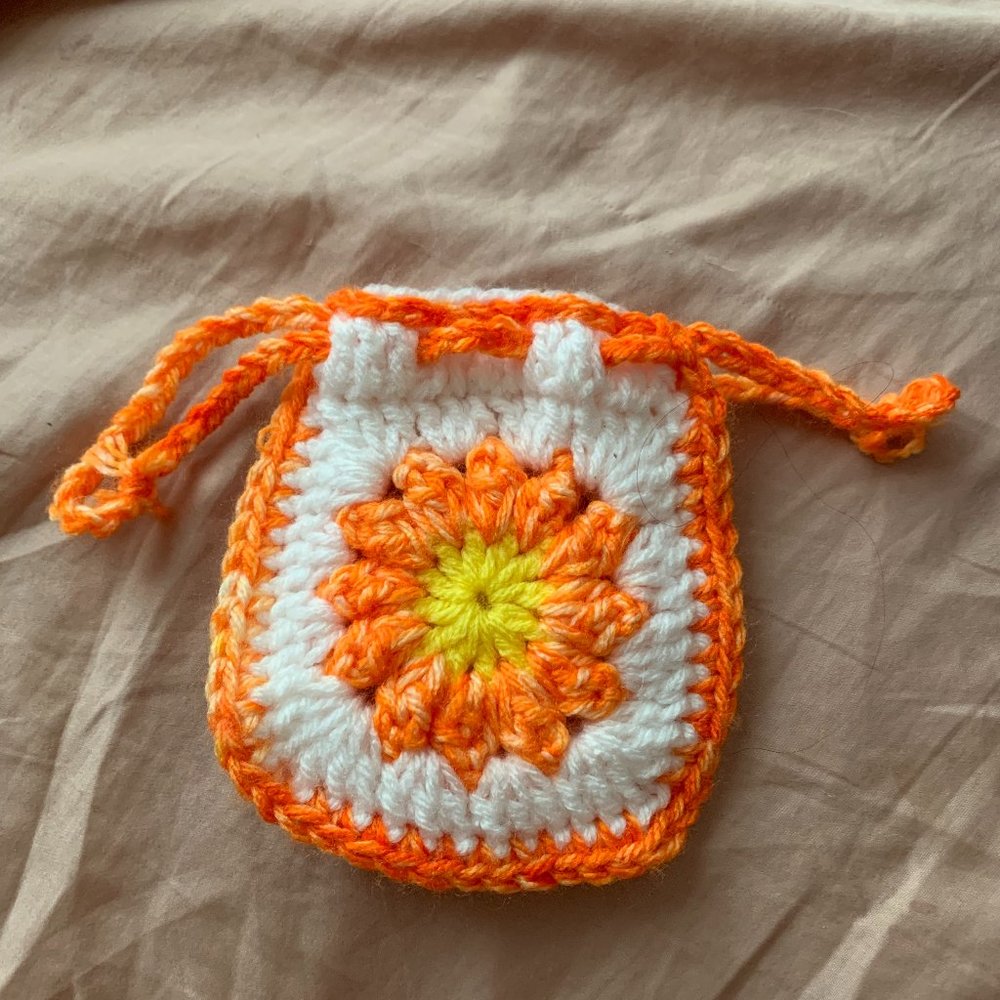 Handmade Crochet Daisy Drawstring Bag